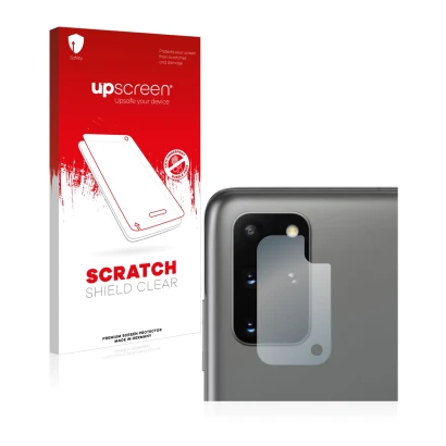 Vorderseite einer Produktverpackung mit dem Markenlogo upscreen. Daneben ist das Gerät Samsung Galaxy S20 Plus (NUR Kameraschu