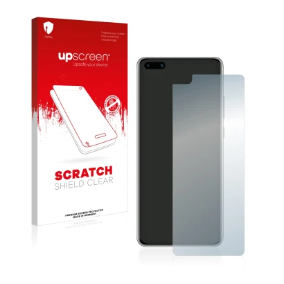 Vorderseite einer Produktverpackung mit dem Markenlogo upscreen. Daneben ist das Gerät Huawei P40 mit dem zugehörigen Displays