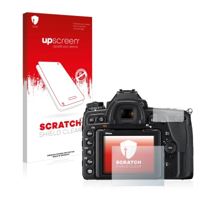 Vorderseite einer Produktverpackung mit dem Markenlogo upscreen. Daneben ist das Gerät Nikon D780 mit dem zugehörigen Displays