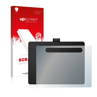 Vorderseite einer Produktverpackung mit dem Markenlogo upscreen. Daneben ist das Gerät Wacom Intuos M mit dem zugehörigen Disp