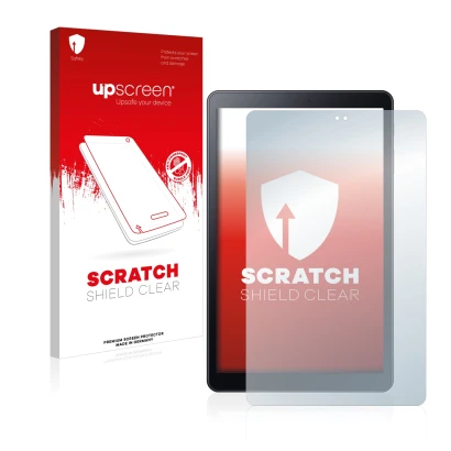 Vorderseite einer Produktverpackung mit dem Markenlogo upscreen. Daneben ist das Gerät Samsung Galaxy Tab A 10.5 WiFi 2018 mit