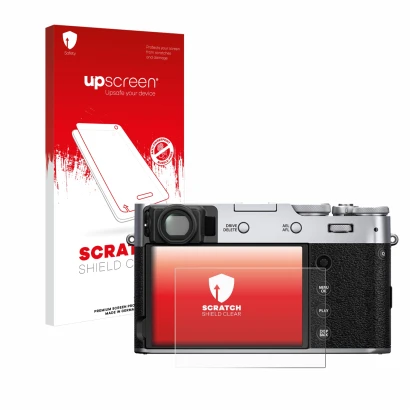 Vorderseite einer Produktverpackung mit dem Markenlogo upscreen. Daneben ist das Gerät Fujifilm X100V mit dem zugehörigen Disp