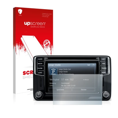 Vorderseite einer Produktverpackung mit dem Markenlogo upscreen. Daneben ist das Gerät Volkswagen Amarok Discover Media 6.5" 2