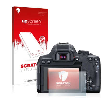 Vorderseite einer Produktverpackung mit dem Markenlogo upscreen. Daneben ist das Gerät Canon EOS 850D mit dem zugehörigen Disp