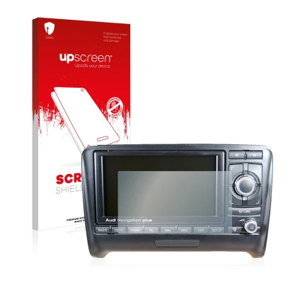 Vorderseite einer Produktverpackung mit dem Markenlogo upscreen. Daneben ist das Gerät Audi A4 8E 2004-2009 RNS-E mit dem zuge