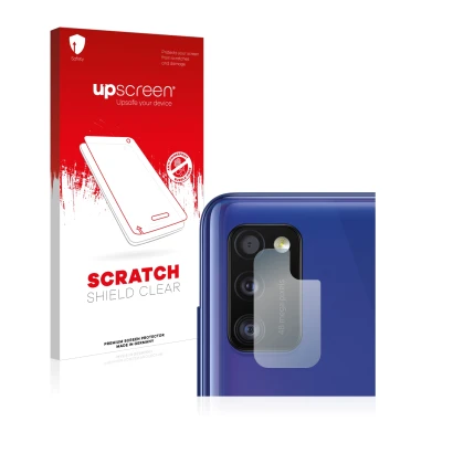 Vorderseite einer Produktverpackung mit dem Markenlogo upscreen. Daneben ist das Gerät Samsung Galaxy A41 (NUR Kameraschutz) m