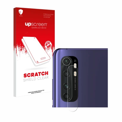 Vorderseite einer Produktverpackung mit dem Markenlogo upscreen. Daneben ist das Gerät Xiaomi Mi Note 10 Lite (NUR Kameraschut