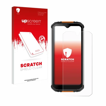 Vorderseite einer Produktverpackung mit dem Markenlogo upscreen. Daneben ist das Gerät Oukitel WP6 mit dem zugehörigen Display