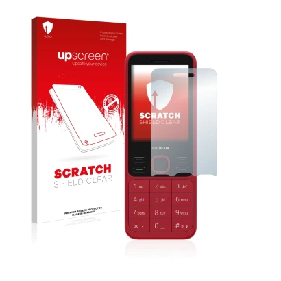 Vorderseite einer Produktverpackung mit dem Markenlogo upscreen. Daneben ist das Gerät Nokia 150 2020 mit dem zugehörigen Disp