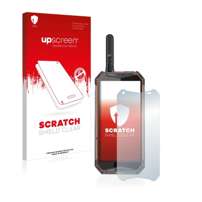 Vorderseite einer Produktverpackung mit dem Markenlogo upscreen. Daneben ist das Gerät Ulefone Armor 3w mit dem zugehörigen Di