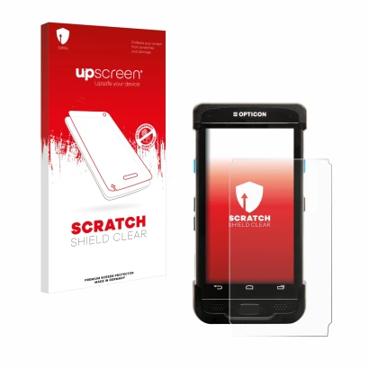 Vorderseite einer Produktverpackung mit dem Markenlogo upscreen. Daneben ist das Gerät Opticon H-31 mit dem zugehörigen Displa