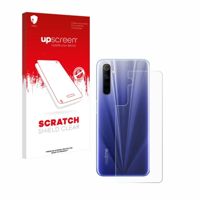 Vorderseite einer Produktverpackung mit dem Markenlogo upscreen. Daneben ist das Gerät realme 6 (Rückseite) mit dem zugehörige