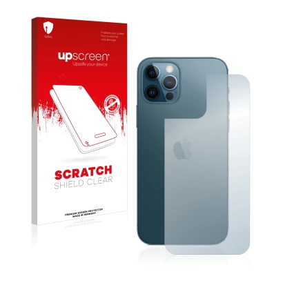 Vorderseite einer Produktverpackung mit dem Markenlogo upscreen. Daneben ist das Gerät Apple iPhone 12 Pro (Rückseite) mit dem
