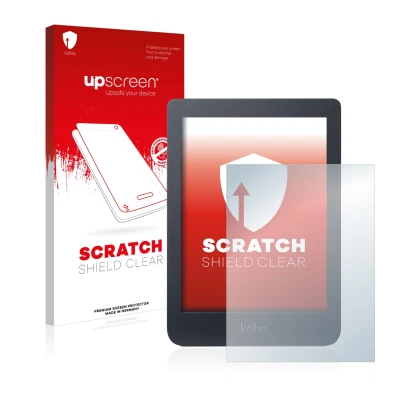 Vorderseite einer Produktverpackung mit dem Markenlogo upscreen. Daneben ist das Gerät Kobo Nia mit dem zugehörigen Displaysch