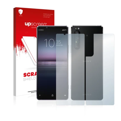 Vorderseite einer Produktverpackung mit dem Markenlogo upscreen. Daneben ist das Gerät Sony Xperia 1 II (Display+Rückseite) mi