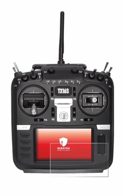 Abbildung des Geräts Radiomaster TX16S mit einer Vielzahl des Displayschutzes.