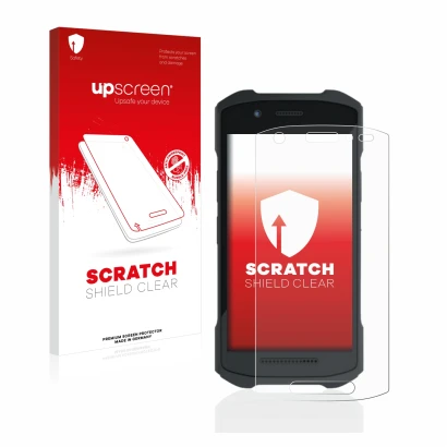 Vorderseite einer Produktverpackung mit dem Markenlogo upscreen. Daneben ist das Gerät Zebra TC21 mit dem zugehörigen Displays