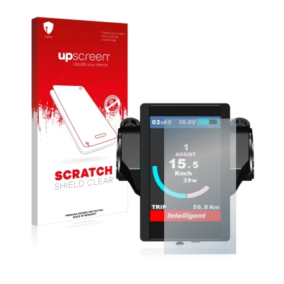 Vorderseite einer Produktverpackung mit dem Markenlogo upscreen. Daneben ist das Gerät Bafang 850c mit dem zugehörigen Display