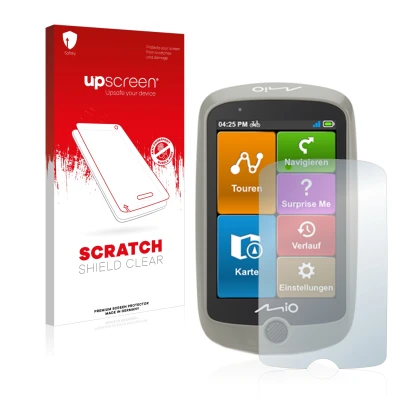 Vorderseite einer Produktverpackung mit dem Markenlogo upscreen. Daneben ist das Gerät Mitac Mio Cyclo Discover mit dem zugehö