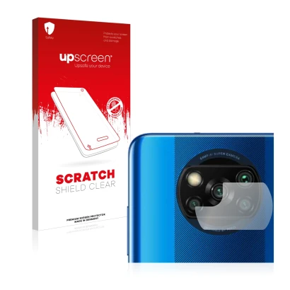 Vorderseite einer Produktverpackung mit dem Markenlogo upscreen. Daneben ist das Gerät Xiaomi Poco X3 NFC (NUR Kameraschutz) m