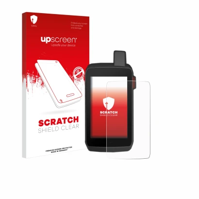 Vorderseite einer Produktverpackung mit dem Markenlogo upscreen. Daneben ist das Gerät Garmin Montana 700 mit dem zugehörigen 