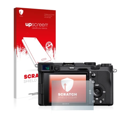 Vorderseite einer Produktverpackung mit dem Markenlogo upscreen. Daneben ist das Gerät Sony A7C mit dem zugehörigen Displaysch