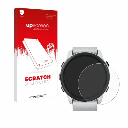 Vorderseite einer Produktverpackung mit dem Markenlogo upscreen. Daneben ist das Gerät Garmin Forerunner 745 mit dem zugehörig
