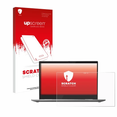 Vorderseite einer Produktverpackung mit dem Markenlogo upscreen. Daneben ist das Gerät Lenovo ThinkPad X1 Yoga (5. Gen.) mit d