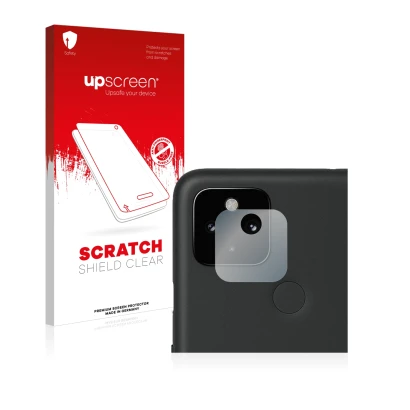Vorderseite einer Produktverpackung mit dem Markenlogo upscreen. Daneben ist das Gerät Google Pixel 4a 5G (NUR Kameraschutz) m