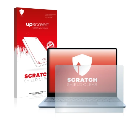 Vorderseite einer Produktverpackung mit dem Markenlogo upscreen. Daneben ist das Gerät Microsoft Surface Laptop Go mit dem zug