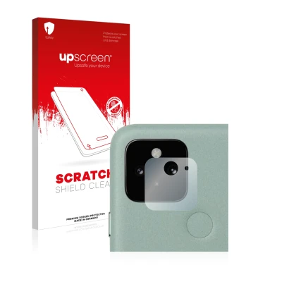 Vorderseite einer Produktverpackung mit dem Markenlogo upscreen. Daneben ist das Gerät Google Pixel 5 (NUR Kameraschutz) mit d