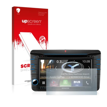 Vorderseite einer Produktverpackung mit dem Markenlogo upscreen. Daneben ist das Gerät Kenwood DNX518VDABS mit dem zugehörigen