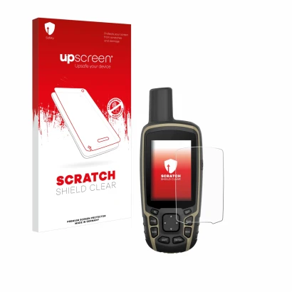Vorderseite einer Produktverpackung mit dem Markenlogo upscreen. Daneben ist das Gerät Garmin GPSMAP 65 mit dem zugehörigen Di