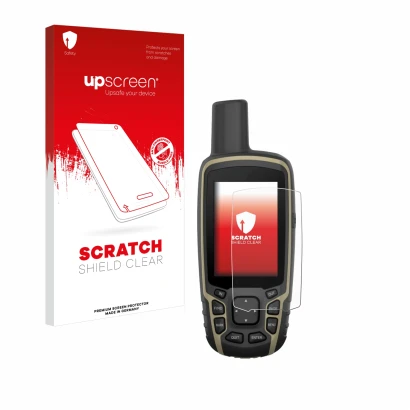 Vorderseite einer Produktverpackung mit dem Markenlogo upscreen. Daneben ist das Gerät Garmin GPSMAP 65s mit dem zugehörigen D