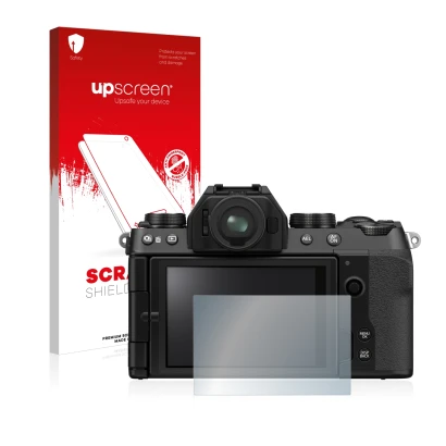 Vorderseite einer Produktverpackung mit dem Markenlogo upscreen. Daneben ist das Gerät Fujifilm X-S10 mit dem zugehörigen Disp