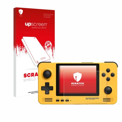 Vorderseite einer Produktverpackung mit dem Markenlogo upscreen. Daneben ist das Gerät Retroid Pocket 2 mit dem zugehörigen Di