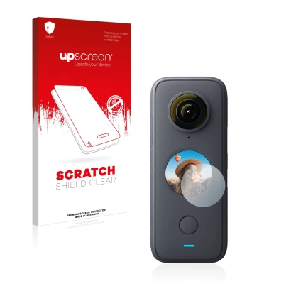Vorderseite einer Produktverpackung mit dem Markenlogo upscreen. Daneben ist das Gerät Insta360 One X2 mit dem zugehörigen Dis
