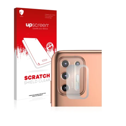 Vorderseite einer Produktverpackung mit dem Markenlogo upscreen. Daneben ist das Gerät Motorola Moto G9 Plus (NUR Kameraschutz