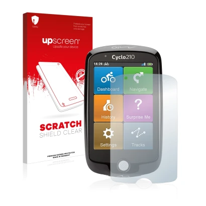 Vorderseite einer Produktverpackung mit dem Markenlogo upscreen. Daneben ist das Gerät Mio Cyclo 210 mit dem zugehörigen Displ