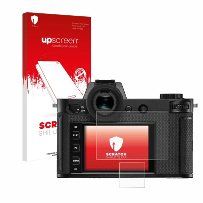 Vorderseite einer Produktverpackung mit dem Markenlogo upscreen. Daneben ist das Gerät Leica SL2-S mit dem zugehörigen Display