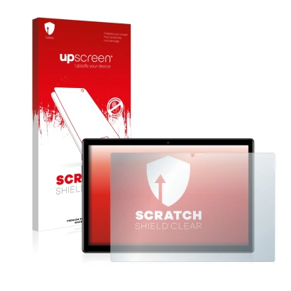 Vorderseite einer Produktverpackung mit dem Markenlogo upscreen. Daneben ist das Gerät Teclast M40 (im Querformat) mit dem zug