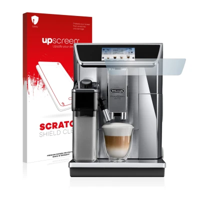 Vorderseite einer Produktverpackung mit dem Markenlogo upscreen. Daneben ist das Gerät DeLonghi PrimaDonna Elite Experience EC