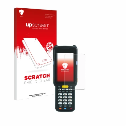 Vorderseite einer Produktverpackung mit dem Markenlogo upscreen. Daneben ist das Gerät Zebra MC3300X mit dem zugehörigen Displ