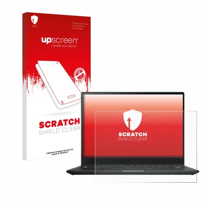 Vorderseite einer Produktverpackung mit dem Markenlogo upscreen. Daneben ist das Gerät ASUS Rog Flow X13 2022 mit dem zugehöri