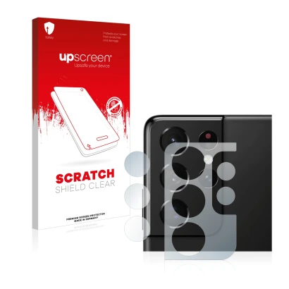 Vorderseite einer Produktverpackung mit dem Markenlogo upscreen. Daneben ist das Gerät Samsung Galaxy S21 Ultra 5G (NUR Kamera