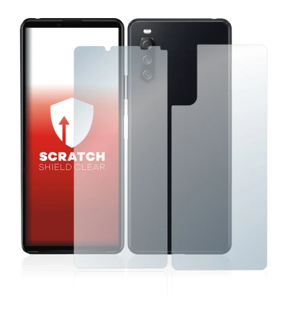 Abbildung des Geräts Sony Xperia 10 III (Display+Rückseite) mit einer Vielzahl des Displayschutzes.