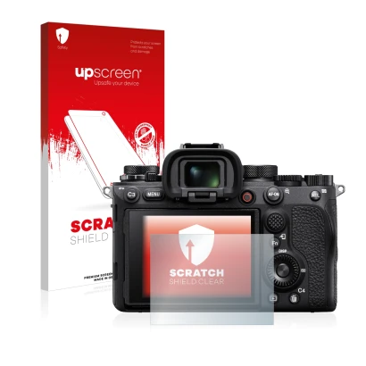 Vorderseite einer Produktverpackung mit dem Markenlogo upscreen. Daneben ist das Gerät Sony Alpha 1 mit dem zugehörigen Displa