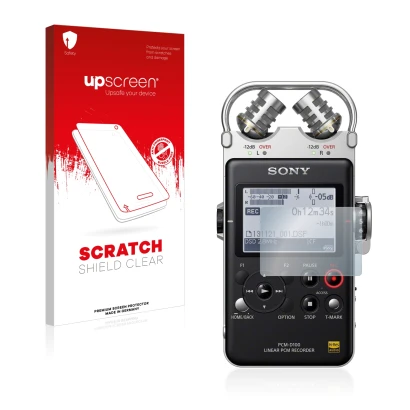 Vorderseite einer Produktverpackung mit dem Markenlogo upscreen. Daneben ist das Gerät Sony PCM D100 mit dem zugehörigen Displ
