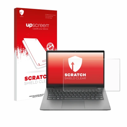 Vorderseite einer Produktverpackung mit dem Markenlogo upscreen. Daneben ist das Gerät Lenovo ThinkPad T14 Gen 2 mit dem zugeh