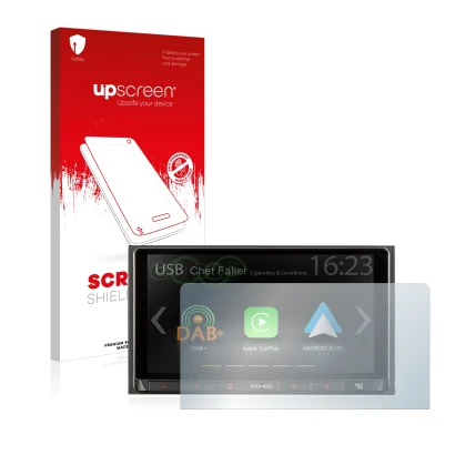Vorderseite einer Produktverpackung mit dem Markenlogo upscreen. Daneben ist das Gerät Zenec Z-N528 mit dem zugehörigen Displa